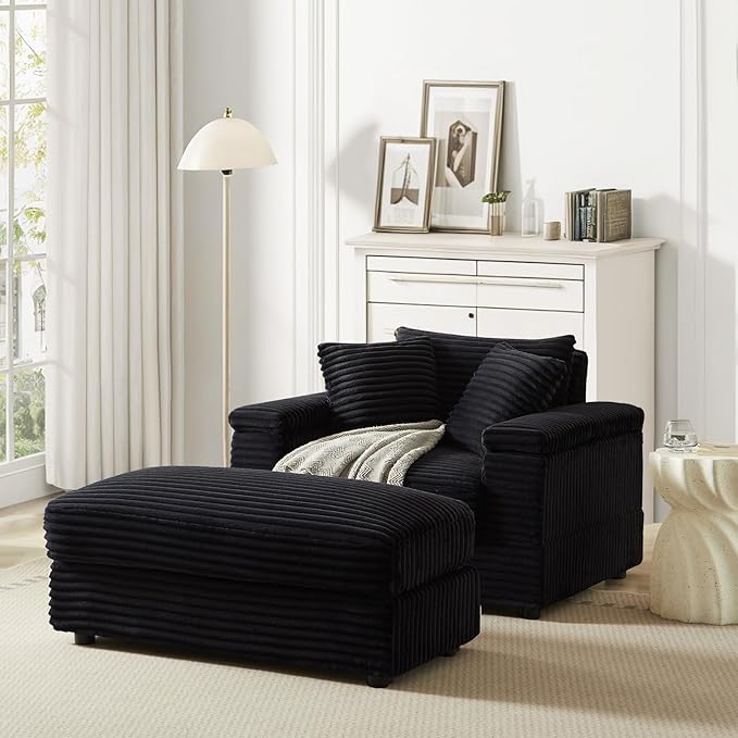 Chaise Lounge Chair Indoor 44 Inch Comfy Corduroy Sectional Cloud Couch Upholstered Single Sofa w/Movable Ottoman for Living Room Bedroom Apartment Black