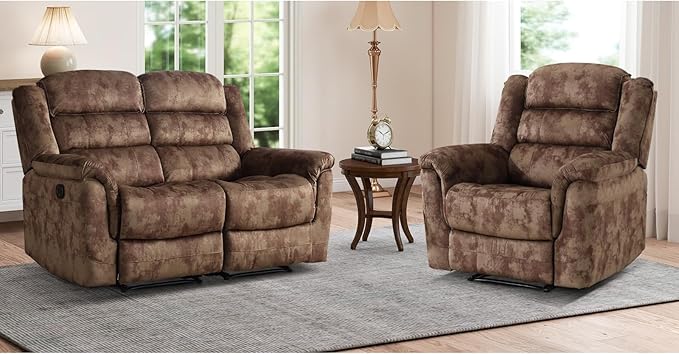 EBELLO 2 Pieces Reclining Couch Furniture Set Soft Fabric Manual Recliner Sofa Home Theater Seating Manual Recliner and Wide 3PC Bonded Sofa Set for Living Room Brown