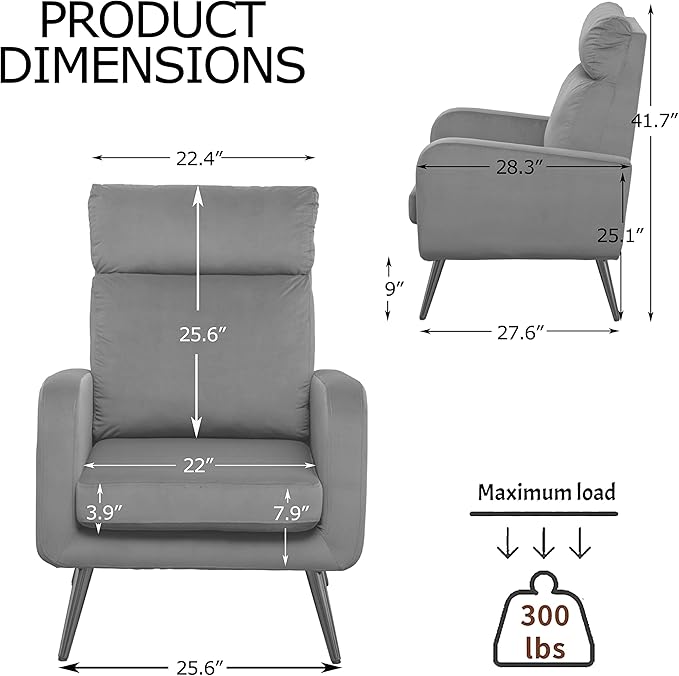 Velvet Accent Chair Modern Living Room Armchair Bedroom Dorm Reading Reception Room Comfort Upholstered Sofa Chair Black Metal Legs Orange