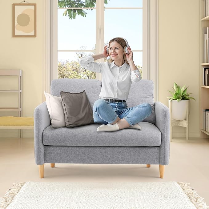 VINGLI 47 Small Couch Linen Loveseat Sofa Light Grey Mini Couch Mid Century Modern Decor Love Seat for Small Spaces Living Room Bedroom Play Room