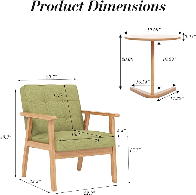 KCC Mid-Century Modern Linen Fabric Accent Chair Upholstered Tufted Leisure Chair Comfy Reading Side Chair with Armrest and Solid Wood Frame for Living Room Bedroom Balcony(Green)