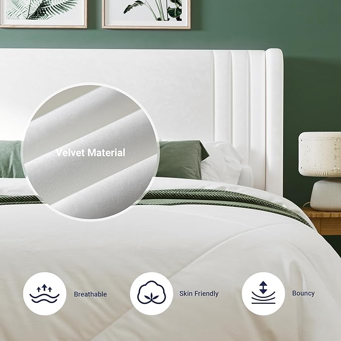 Allewie Full Size Velvet Platform Bed Frame with Vertical Tufted Wingback Headboard Easy Assembly Under Bed Storage No Box Spring Required Modern Style White