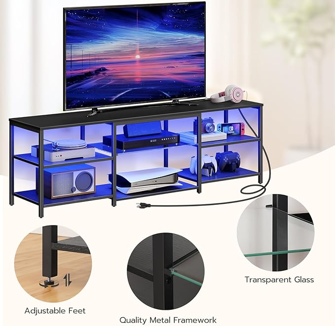 HOOBRO LED TV Stand for 75 Inch TVs with Charging Station Gaming Entertainment Center with 3-Tier Open Storage Long 63” Media TV Console Table TV Stand for Living Room Bedroom Black BB21UDDS01