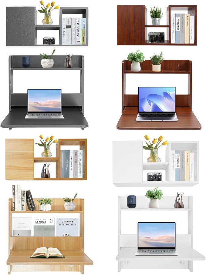 Wall Mounted Folding Writing Table w/Bookshelf - Solid Wood Home Office Desk 88.18lbs Table Load-BearingSpace-Saving Foldable Desktop Multi-Tier Storage for Books (Walnut Color)