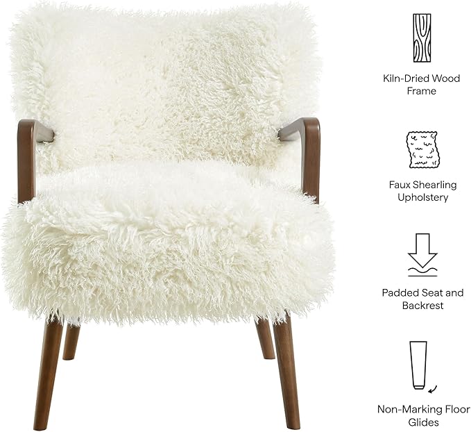 Modway Zerra Upholstered Faux Shearling Lounge Chair in White – Mid-Century Modern Accent Armchair with Wood Frame – Fuzzy Fabric Single Sofa Chair