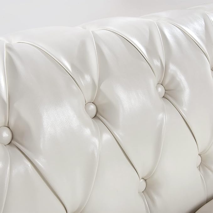 GDFStudio 85 Tufted Button Chesterfield Sofa with Deep Seat Cushions Rolled Arms &amp Gold Accent Strip 3-Seater Midcentury Modern Sofa for Living Room Classic Couch Furniture White + PU