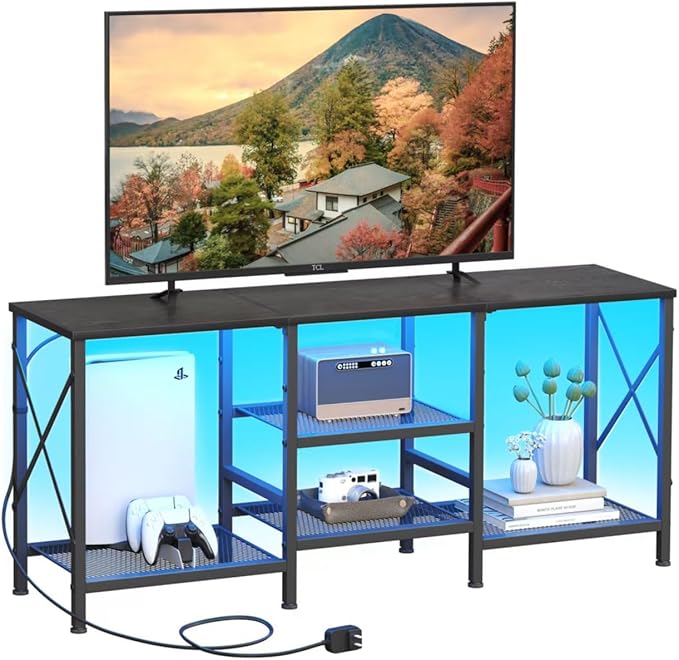 TV Stand with LED Lights for 55 Inch TV Entertainment Center with 3-Tier Open Shelves TV Console Table for Living Room Bedroom Black