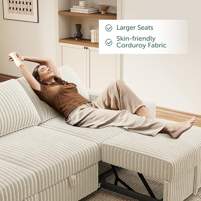 HONBAY 94.5 Inch Sectional Sofa Modular L &amp U Shaped Pull Out Couch with Adjustable Backrest &amp Storage Velvet White