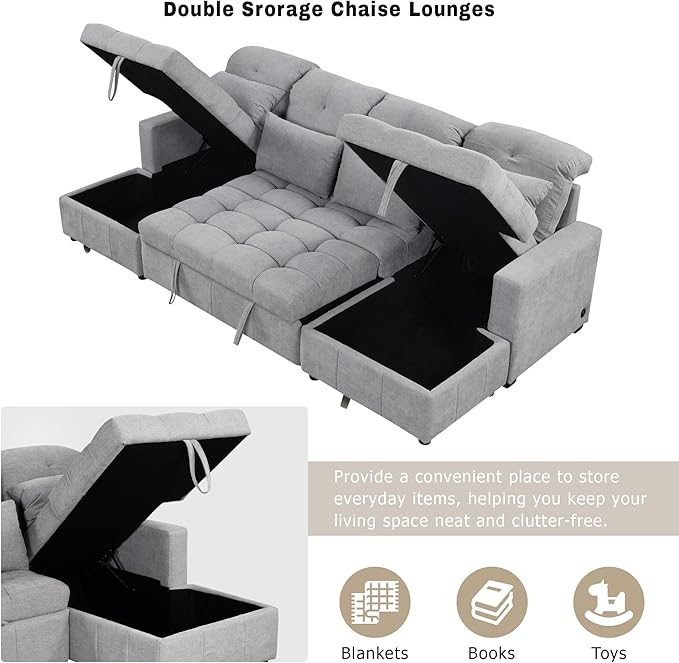 Merax 110.2 Oversized U-Shaped Sectional Sofa Bed Comfortable Pull-Out Sleeper Couch Convertible with Double Storage Chaise Lounges and Two USB Ports Gray