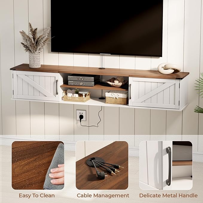 Floating TV Stand with Doors 63'' Farmhouse Floating TV Shelf for TVs up to 80 Inch 2 Tier Wall Mounted TV Stand Floating Entertainment Center TV Floating Cabinet for Living Room Bedroom White