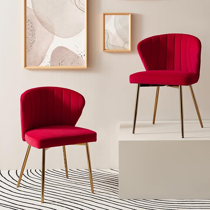 HULALA HOME Dining Chairs Set of 2 Velvet Upholstered Kitchen &amp Dining Room Chairs with Metal Legs Vanity Chair Armless Side Chairs for Living Room Bedroom Restaurant Channel Curved Backrest Red
