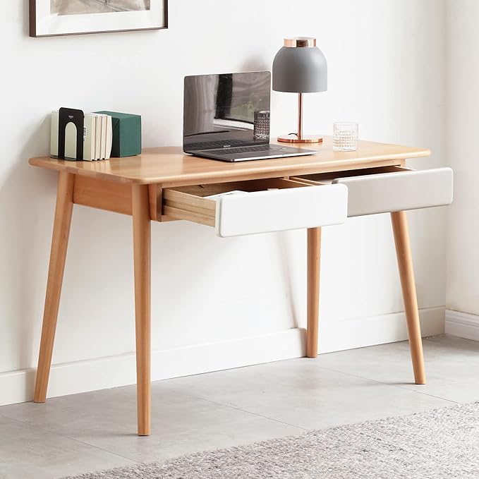 Penau Solid Wood Computer Desk 47Inch Large Office Desk with 2 Drawers Modern Simple Style Table for Home Office Work Study