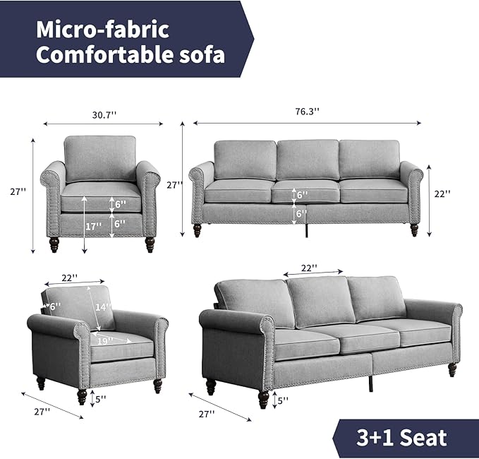 2 Piece Living Room Sofa Set 3 Seat Sofa and Armchair Sets Modular Sectional Couch Furniture Sets Gourd Shapes Wood Legs Sofas Couches for Living Room/Bedroom/Home/Apartment - Light Grey
