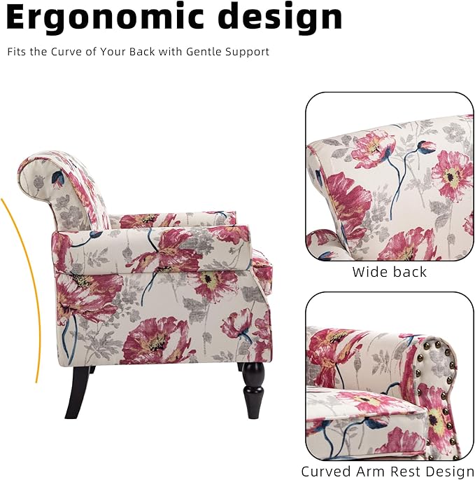 Wingback Accent Chairs Set of 2 Mid-Century Modern Upholstered Armchair Living Room Chair with Nailhead Trim &amp Rolled Armrest Floral Pattern Reading Chair Single Sofa Chair for Bedroom Plants W
