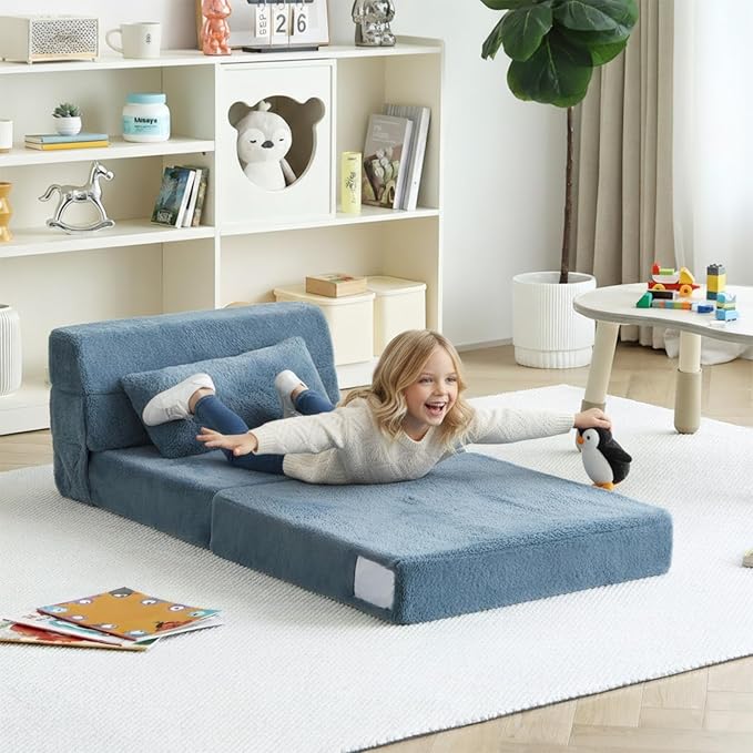 Tiita Convertible Folding Kids Sofa Bed with Pillow &amp Storage Bag Plush Fabric Floor Mattress Couch Bed Washable Cover Kids Room Playroom Dorm Apartment Blue Grey