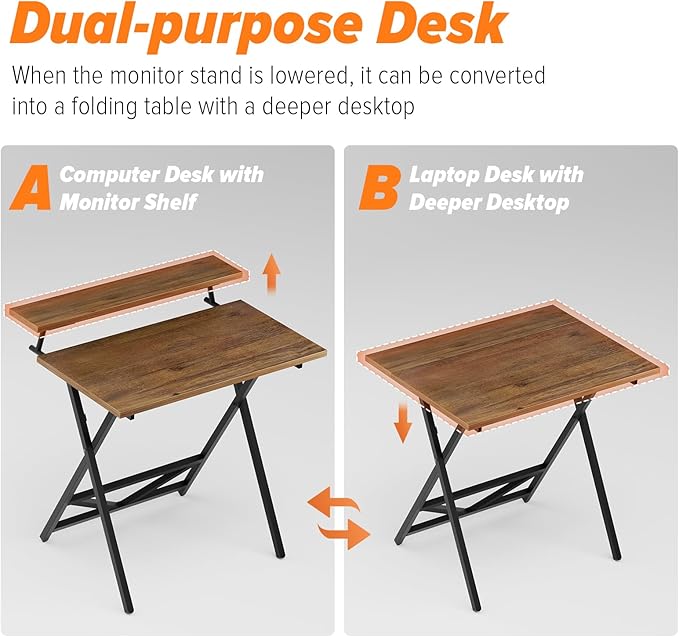 WOHOMO Folding Computer Desk with Adjustable Height 23.6 x 31.5 x 25.6 Foldable Table with Monitor Stand Small Office Desk for Bedroom Space Saving Desk for Home Office Easy Assemble Walnut
