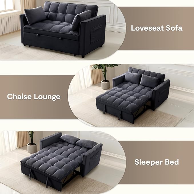 FLEXISPOT XCT4 Pull Out Couch 3-in-1 Sleeper Sofa Bed with Adjustable Backrest Loveseat Sleeper with Pillows &amp Side Pockets Convertible Futon Couch for Small Spaces Guest Room Apartment Black
