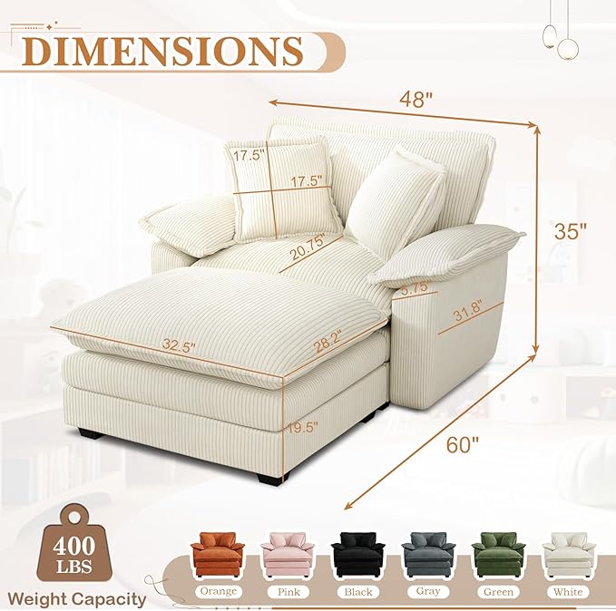 48 W Oversized Chaise Lounge Chair Indoor with Ottoman Upholstered Cloud Accent Chair with Extra Wide Armrests Comfy Green Corduroy Sleeper Chair for Living Room Bedroom Reading (Beige)
