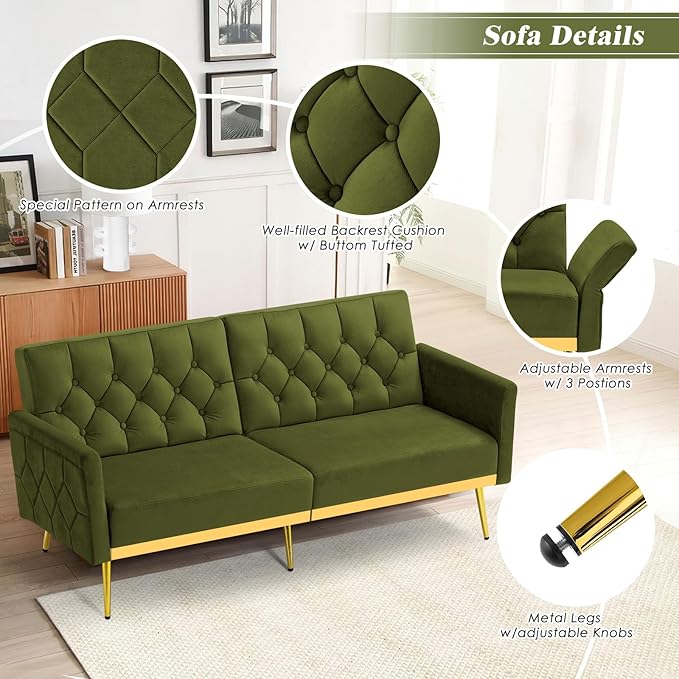 Velvet Sofa Bed w/Adjustable Armrests and Backrests Modern Convertible Sleeper Sofa Tufted Futon Sofa for Bedroom Living Room Apartment Olive Green