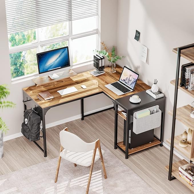 It's_Organized Reversible L Shaped Desk with Monitor Stand58x47 inch Corner DeskStudy Writing Computer Table with Storage Shelves for Home OfficeRustic Brown/Black