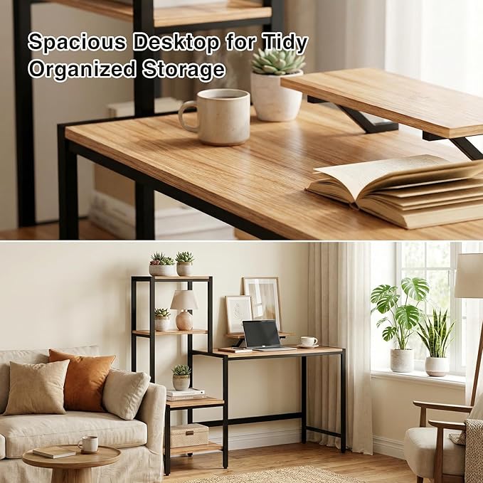 Computer Desk with Reversible Shelves Small Home Office Desk with Monitor Stand Metal Frame Wood Work Desk with Storage for Study Workspace