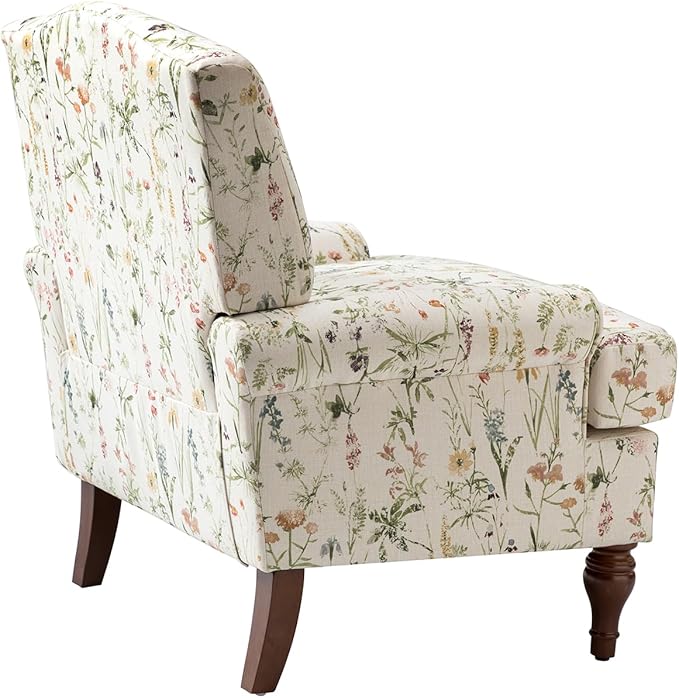 Vintage Floral Accent Chair with Solid Legs &amp Removable Cushion Comfy Upholstered Armchair Leisure Single Sofa Chair for Living Room/Bedroom Spring