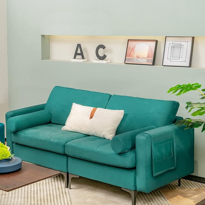 Giantex 68 Modern Loveseat 2-Seater Sofa Couch Thick Cushion &amp 2 Bolsters Armrest Magazine Cabby with 2 Pockets Metal Legs Ideal for Living Room Reception Room Office