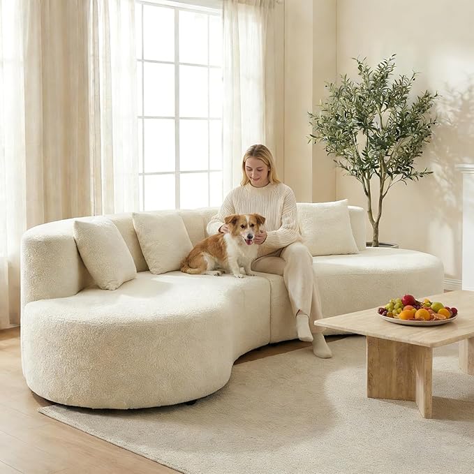 Modern Curved Sectional Sofa Couch 95 Beige - Cloud Fleece Upholstered 4-Seater Modular Boneless Couches for Living Room Office Apartment