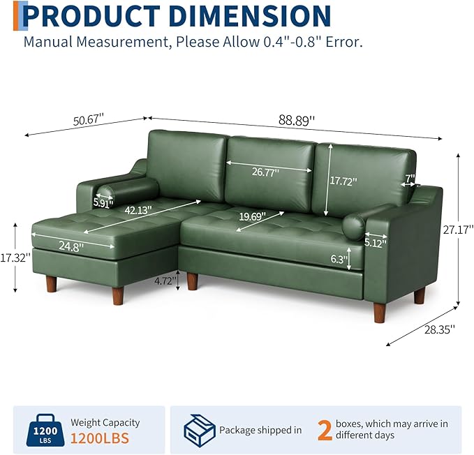 GarveeHome 88.9 L-Shape Sofa&ampCouch with Convertible Chaise Sectional Sofa with Deep Seat Modern Mid-Century Sofa for Living Room 3 Seat Comfy Leather Couch Green
