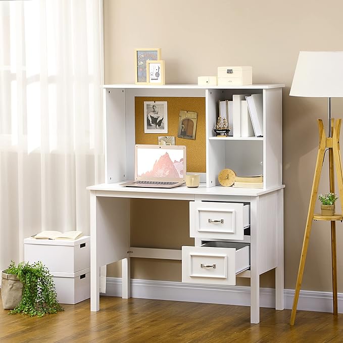 Computer Desk with Drawers Shelves Home Office Desk with Storage Corkboard Workstation Table with Cable Hole White