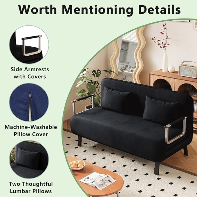 Convertible Queen Sleeper Chair Bed 55 Tri-Folding Sofa with 6 Adjustable Backrests Comfy Velvet Loveseat Sleeper Modern Futon Sofa Bed for Living RoomSmall SpaceOffice (Black)