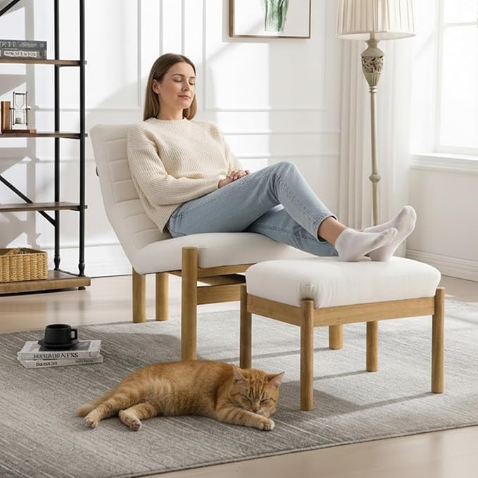 Accent Chair with Ottoman Living Room Chair Beige Linen Upholstered Lounge Chair with Footrest Set Modern Chair Cozy Reclining Chair for Reading Room Bedroom Beige