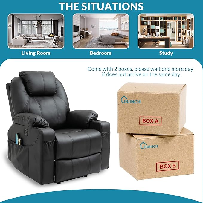 Power Lift Recliner Chair for Elderly Electric Massage Heated Recliner Faux Leather Lift Chair with 2 Remote Controls USB Ports Cup Holders &amp Side Pockets for Living Room (Black)