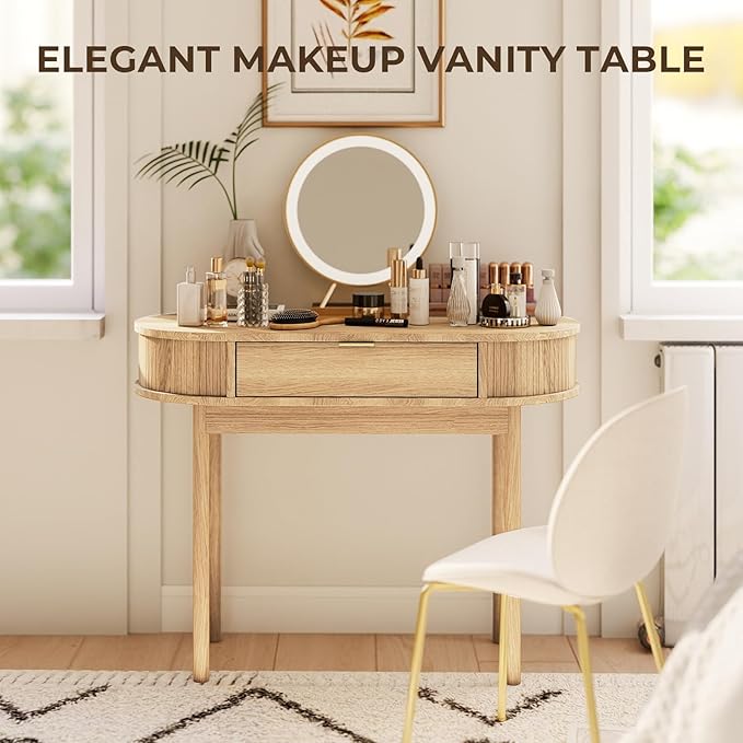 Writing Desk with Drawer 39 Small Computer Desk with Fluted Design Oval Wood Study Table for Small Space Modern Home Office Desk Makeup Vanity Table for Bedroom Oak