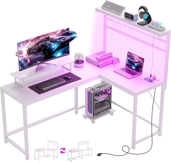 HOMCOM Gaming Desk 62 L Shaped Desk with Power Outlets &amp LED Lights 86 2 Person Computer Table with Shelf &amp Rolling CPU Stand Reversible Corner Office Table with Hutch White