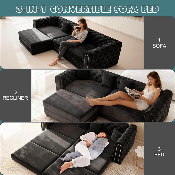 Polibi 90.6 3-in-1 Convertible Sleeper Sofa Bed Velvet Tufted Modern 3-Seater Couch with Movable Ottoman &amp Gold Trim King Size Sleeper for Living Room Apartment Black