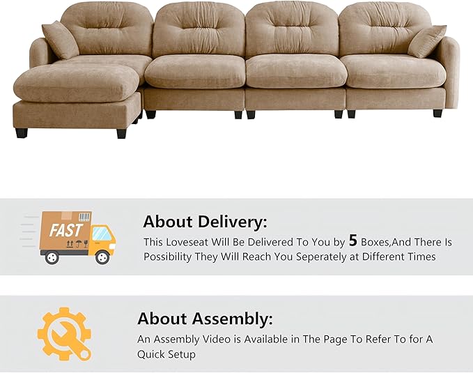 mikibama 140 Chenille Cloud Sofa Couch with OttomansModern Modular Sectional 4 Seater L-Shaped Cloud Sofas with Deep SeatL Shape Couch with Chaise Lounge Curved Arms for Living Room(Camel4S+1O)