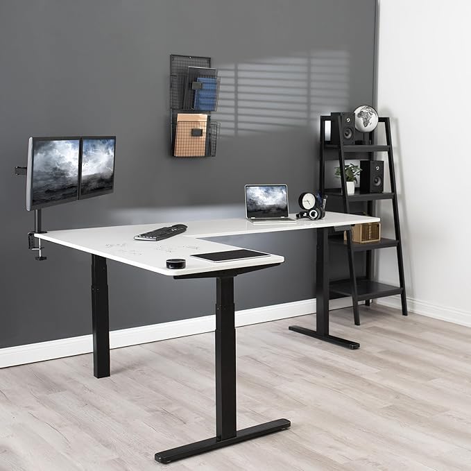 VIVO Electric Height Adjustable 83 x 60 inch Corner Stand Up Desk 2 White Dry Erase Solid Table Tops Black Frame Memory Controller L-Shaped Workstation 3E Series DESK-KIT-3E8BWE