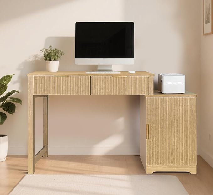 ZYBT 40 Fluted Executive Desk Modern Wood Home Office Desk with Fluted Drawer &amp Removable Storage Cabinet and Printer Stand Farmhouse Computer Writing Table for Work Study Natural Oak