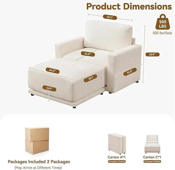 44.2 Chenille Oversized Chair with Movable Ottoman Modular 1 Seat Couch with Thickened Cushions Modern Single Sofa Chaise Lounge Reading Chair for Living Room Small Apartment White