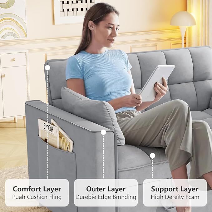Hison Convertible Sleeper Sofa Bed 3 in 1 Pull Out Couch Bed with Adjustable Backrest Sectional Small Couches for Small Spaces Loveseat for Apartment Living Room (Gray Velvet)