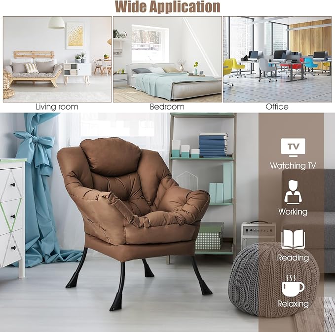 DORTALA Modern Lazy Chair Single Sofa Chair w/Side Pocket and Armrests Soft Upholstered Modern Leisure Chairs Suitable for Living Room Bedroom Brown