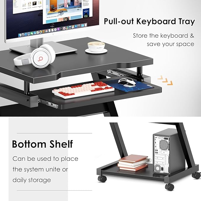 sogesfurniture Mobile Compact Computer Desk Cart for Small Spaces Portable Computer Desk Small Rolling Work Workstation for Home and Office with Printer Shelf Keyboard DrawersBlack
