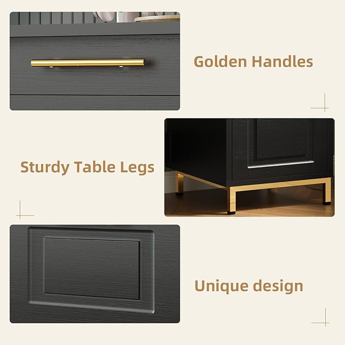 4 EVER WINNER Black Desk with Drawers 43 Inch Writing Desk with Storage File Cabinet and Golden Handle Home Office Desk for Bedroom Black