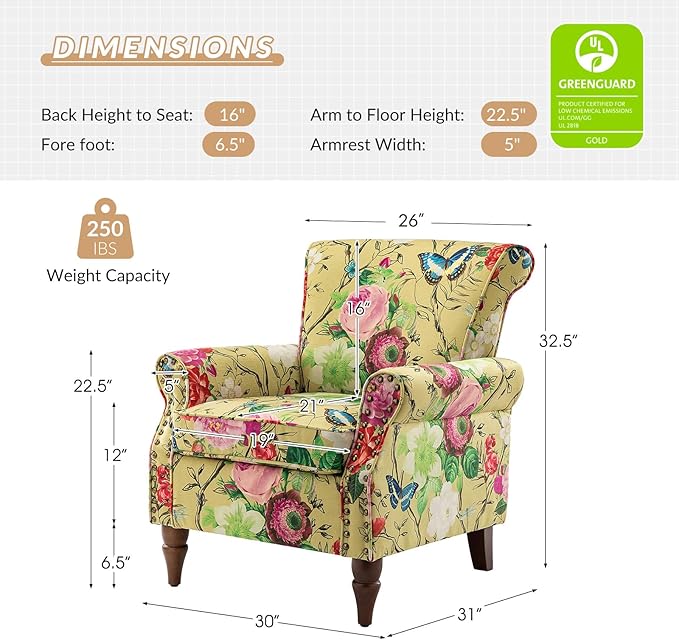 HULALA HOME Modern Wingback Accent Chair with Wood Legs &amp Removable Cushion Comfy Upholstered Armchair with Nailhead Trim Floral Pattern Single Sofa Chair for Living Room Bedroom Mustard