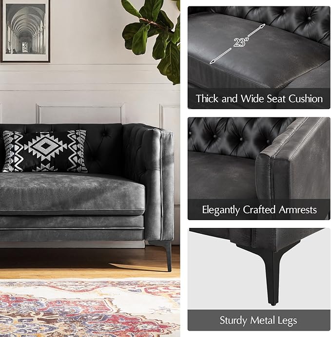 HULALA HOME 84 W Faux Leather Sofa Couch with Metal Legs Button-Tufted 3-Seater Sofa Mid Century Modern Contemporary Upholstered Couch for Living Room Apartment Charcoal
