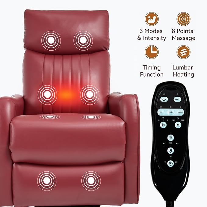 High Back Massage Recliner with Heat - Swivel Rocking Chair for Small Spaces Manual Lazy Boy Recliner for Adults Perfect for Living Room &amp Bedroom Soft Fabric (Red)