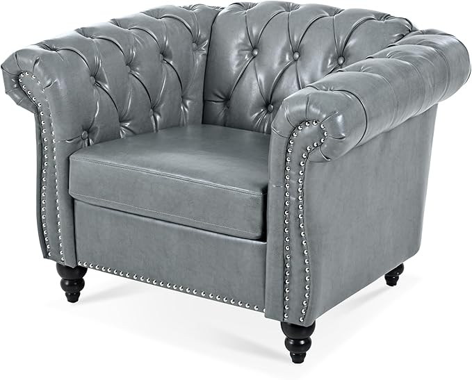 Leather Chair Living Room Single Sofa Medieval Retro Tufted Cushion Accent Sofa Chair with Rolled Arms and Nailhead Cigar Chair for Bedroom Office Apartment Club Chairs (Grey)