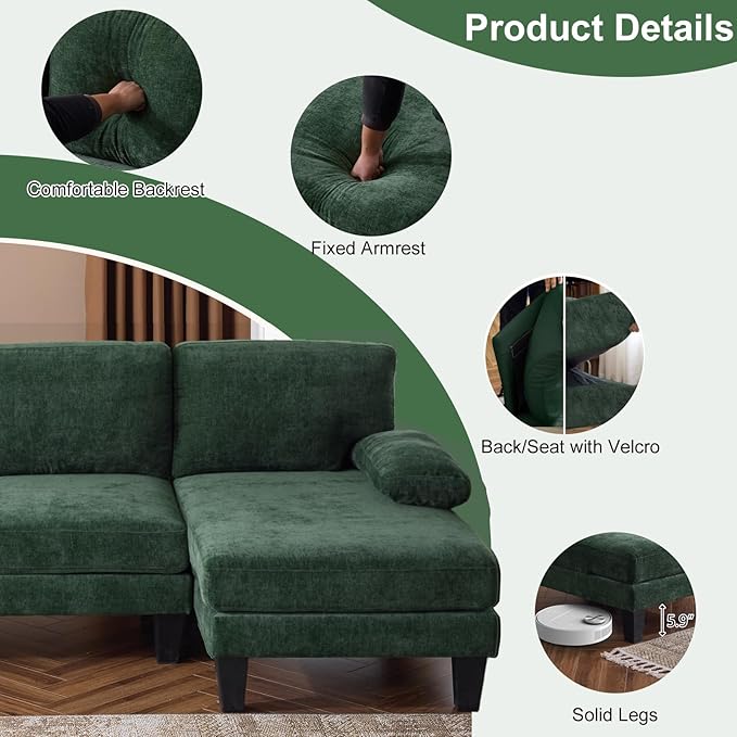 Karl home U-Shape Sectional Sofa Couch 111 Modern 4-Seat Sofa with Chaises Chenille Fabric Upholstered Covertible Couch with Wood Grain Legs for Living Room Reception Room Apartment Green
