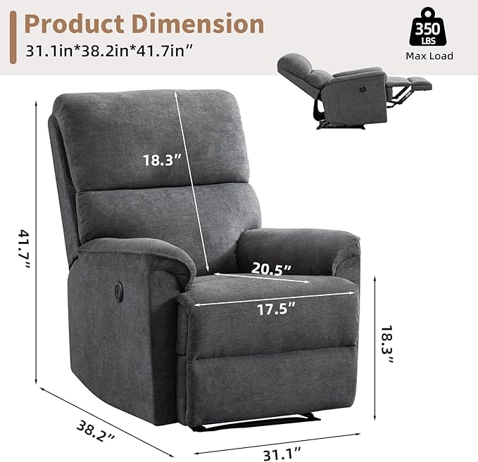 Power Recliner Chair for Adults with USB Port Breathable Fabric Electric Recliners with High Back Single Overstuffed Heavy Duty Reclining Sofa for Small Spaces Living Room Bedroom